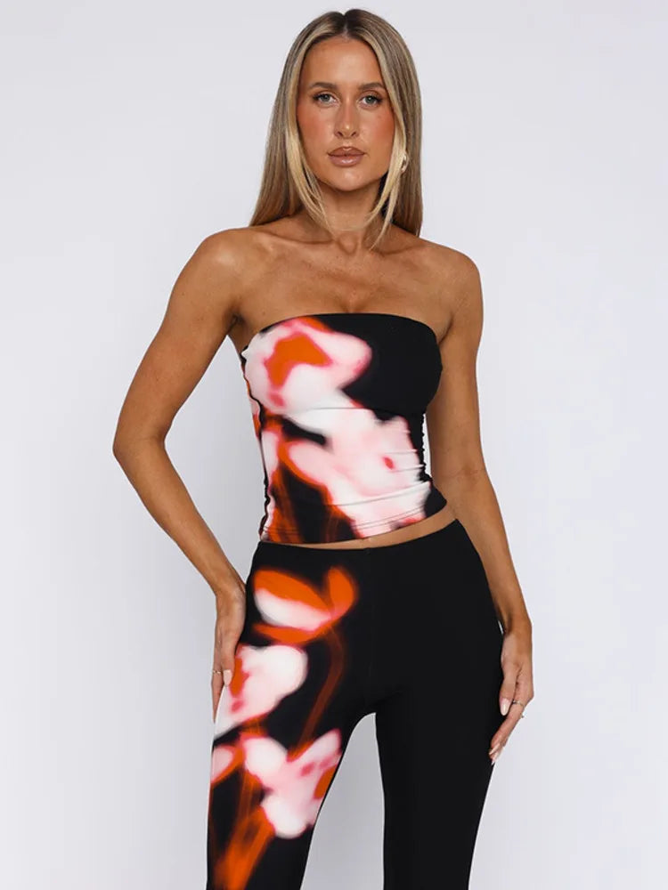 Print Long Pants Sets Off-shoulder Strapless
