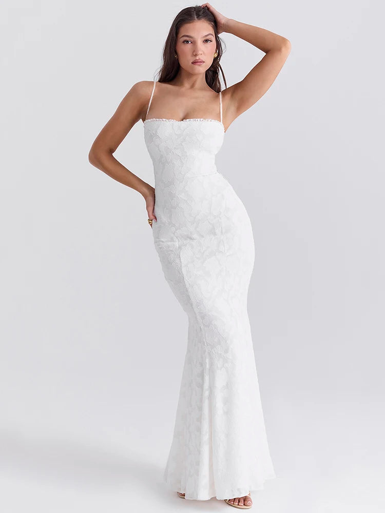 White Backless Lace-up Maxi Dress For