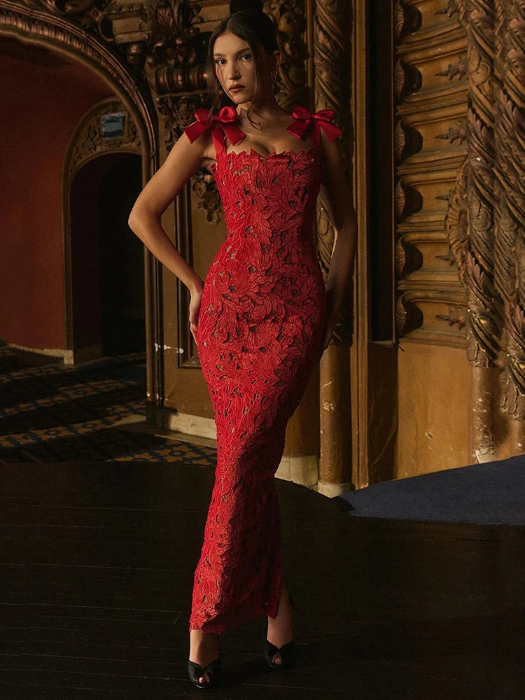 Bows Lace Maxi Dress For Sleeveless