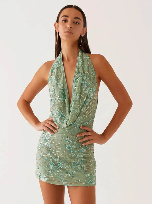 Sequin Backless Mini Dress Summer Deep