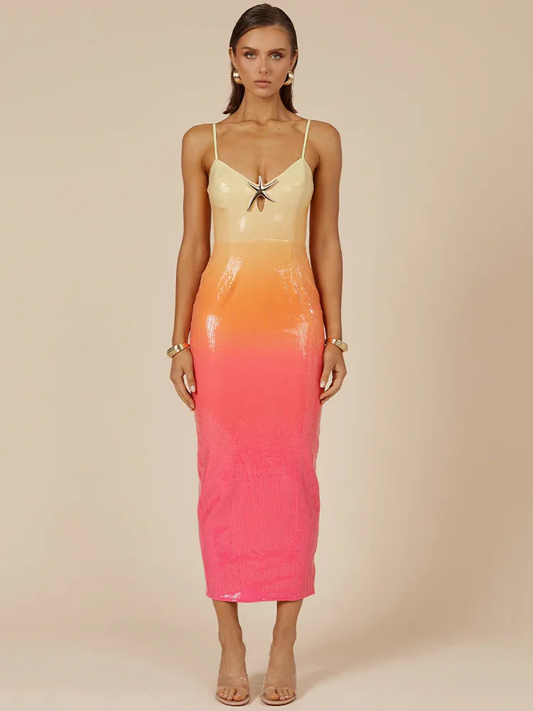 Sequins Spaghetti Strap Gradient Maxi Dress