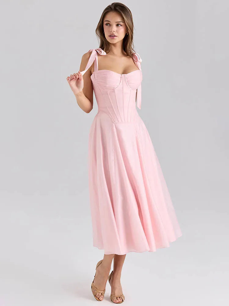 Pink Chiffon Tie Strap Midi Dress