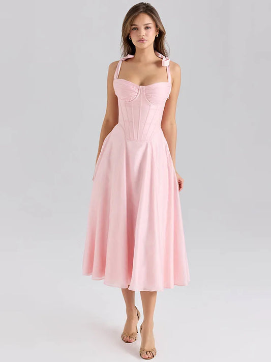 Pink Chiffon Tie Strap Midi Dress