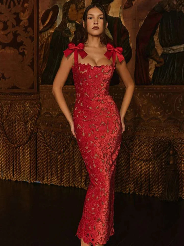 Bows Lace Maxi Dress For Sleeveless