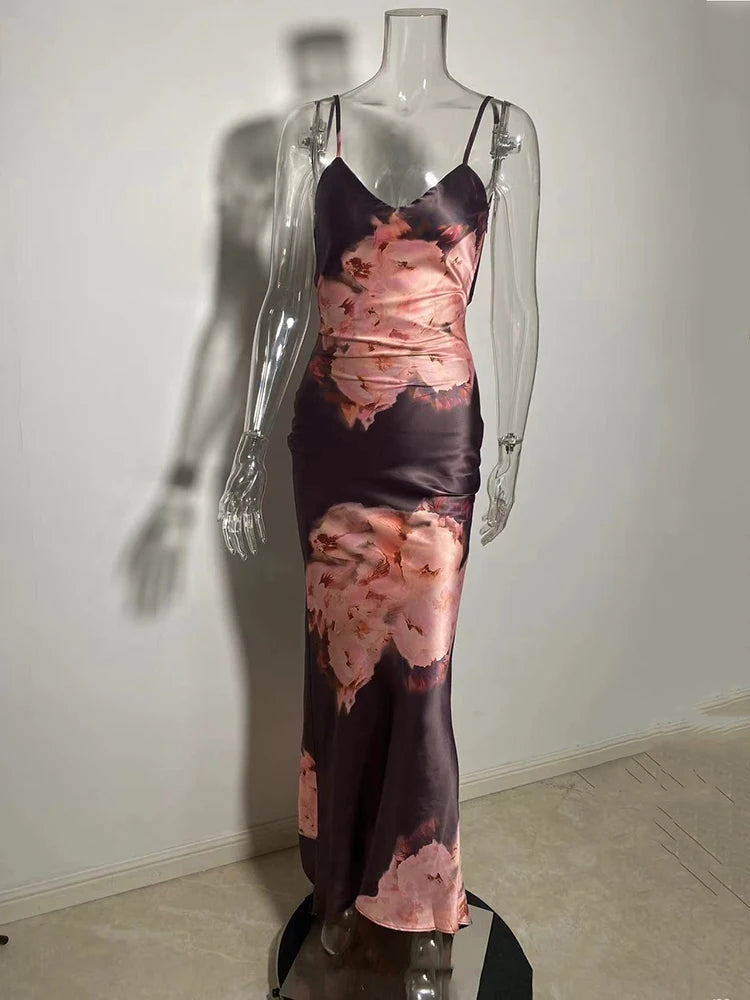 Satin Floral Print Maxi Dress Gown
