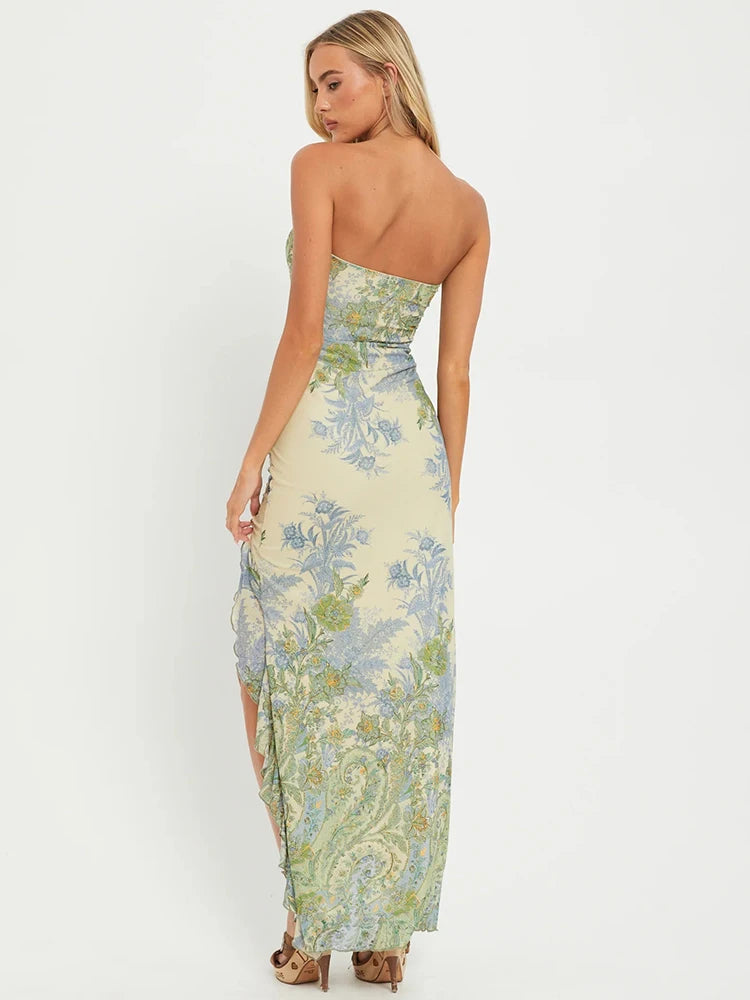 Strapless Backless Mesh Split Maxi Dress