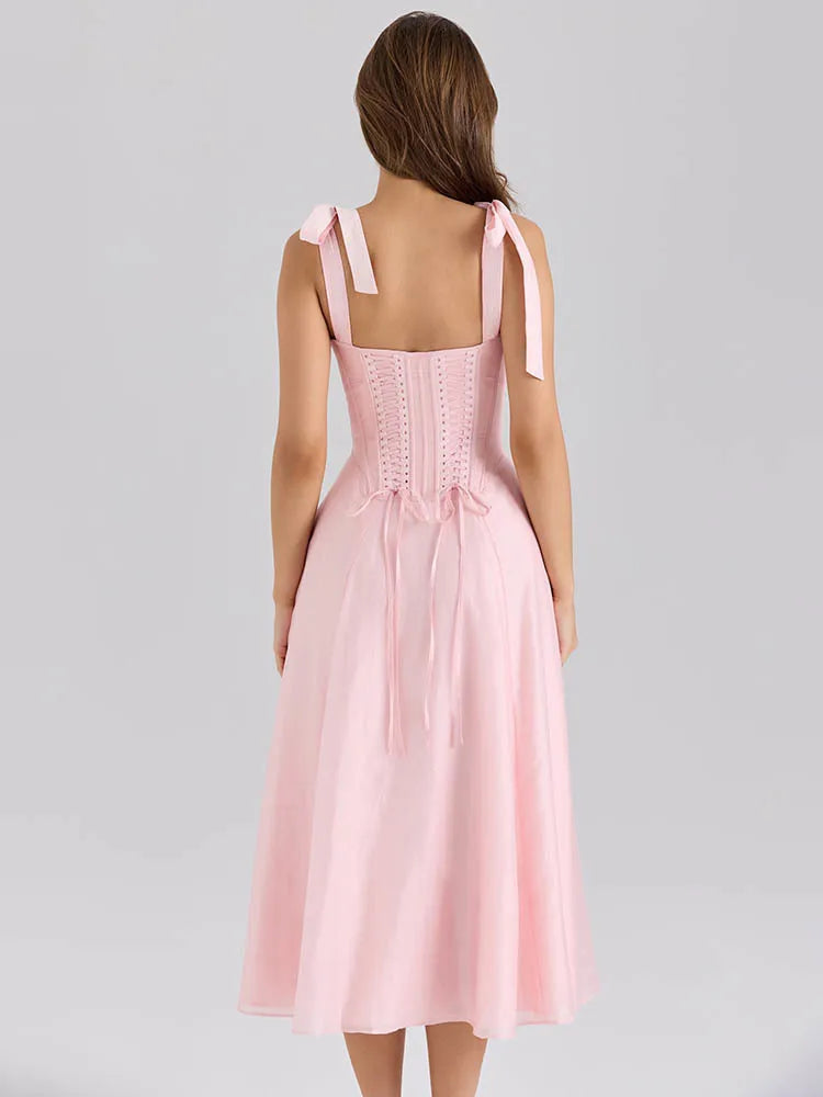 Pink Chiffon Tie Strap Midi Dress