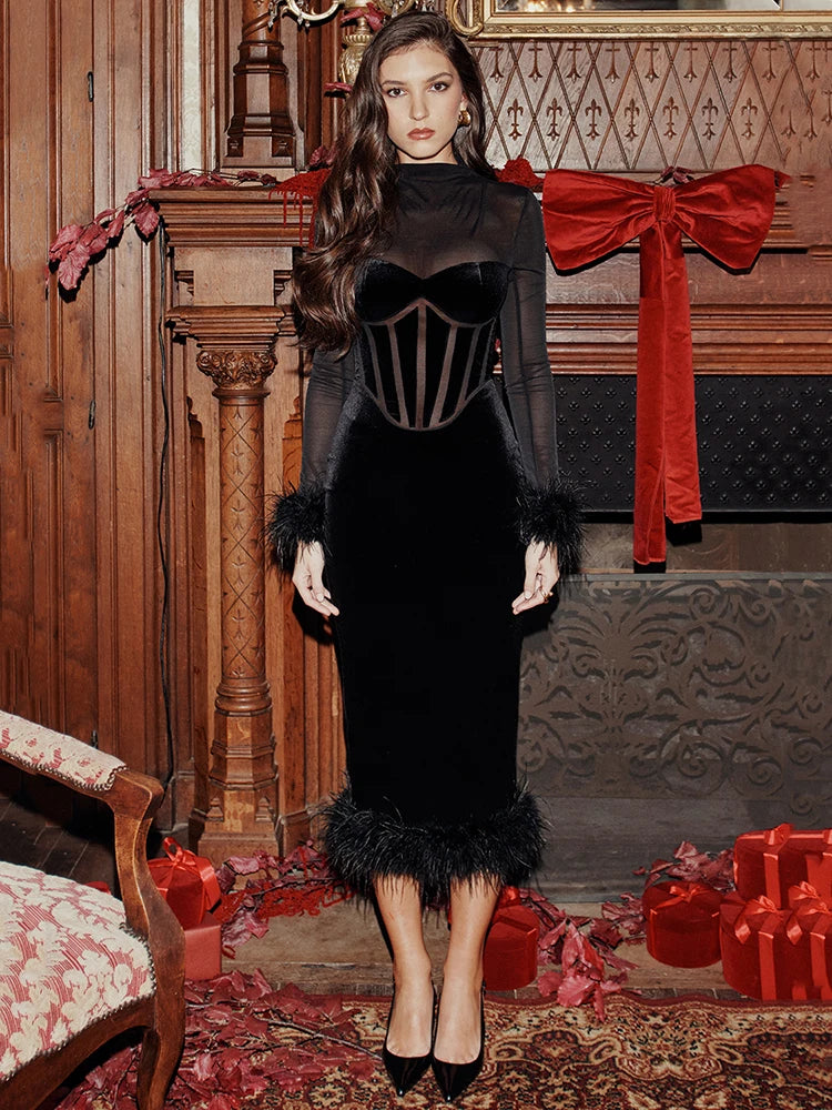 Feather Midi Dress For Black Sheer