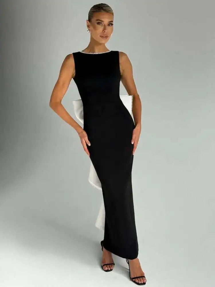 Pearl Bow Backless Maxi Dress Gown