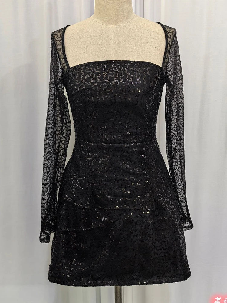 Sequins Long Sleeve Backless Mini Dress
