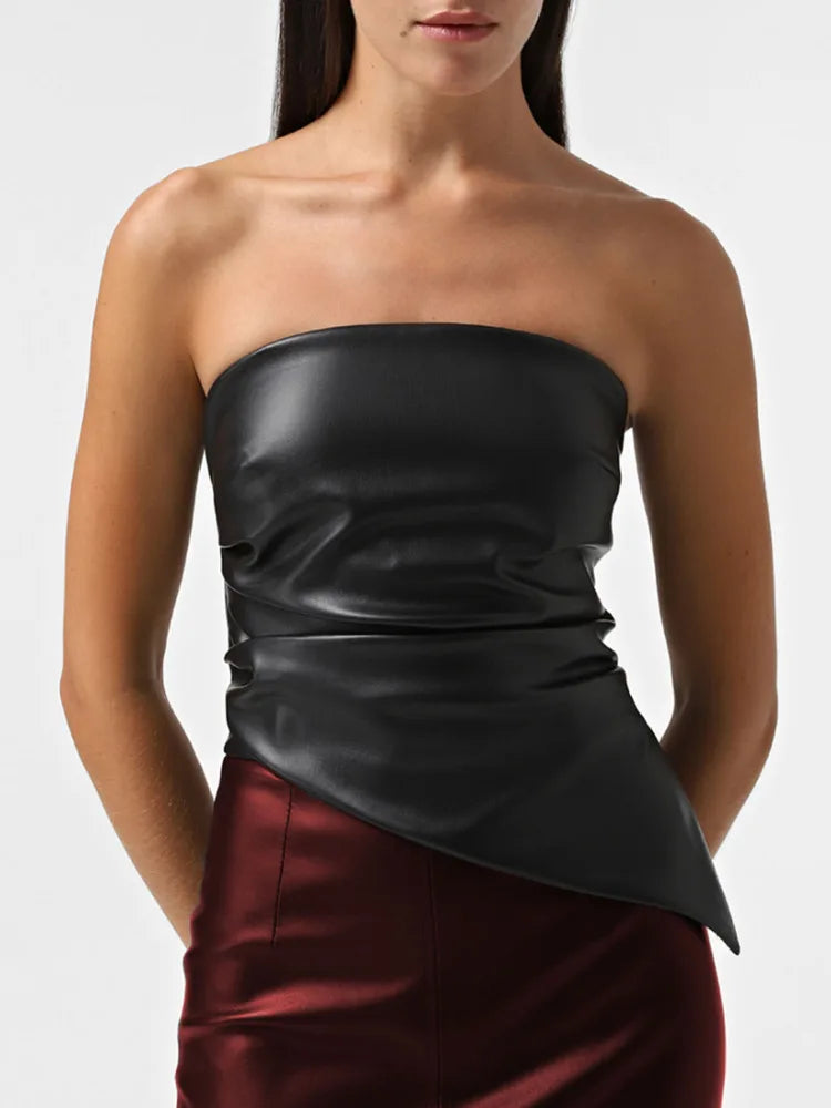 Off-shoulder Strapless PU Leather Zipper Backless