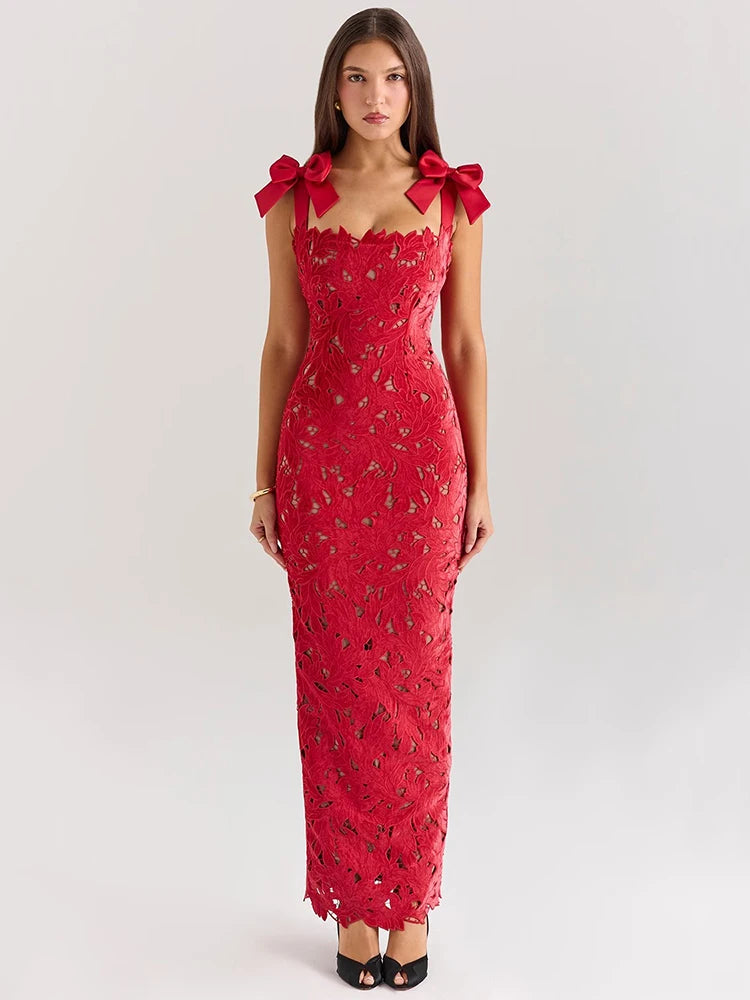 Bows Lace Maxi Dress For Sleeveless