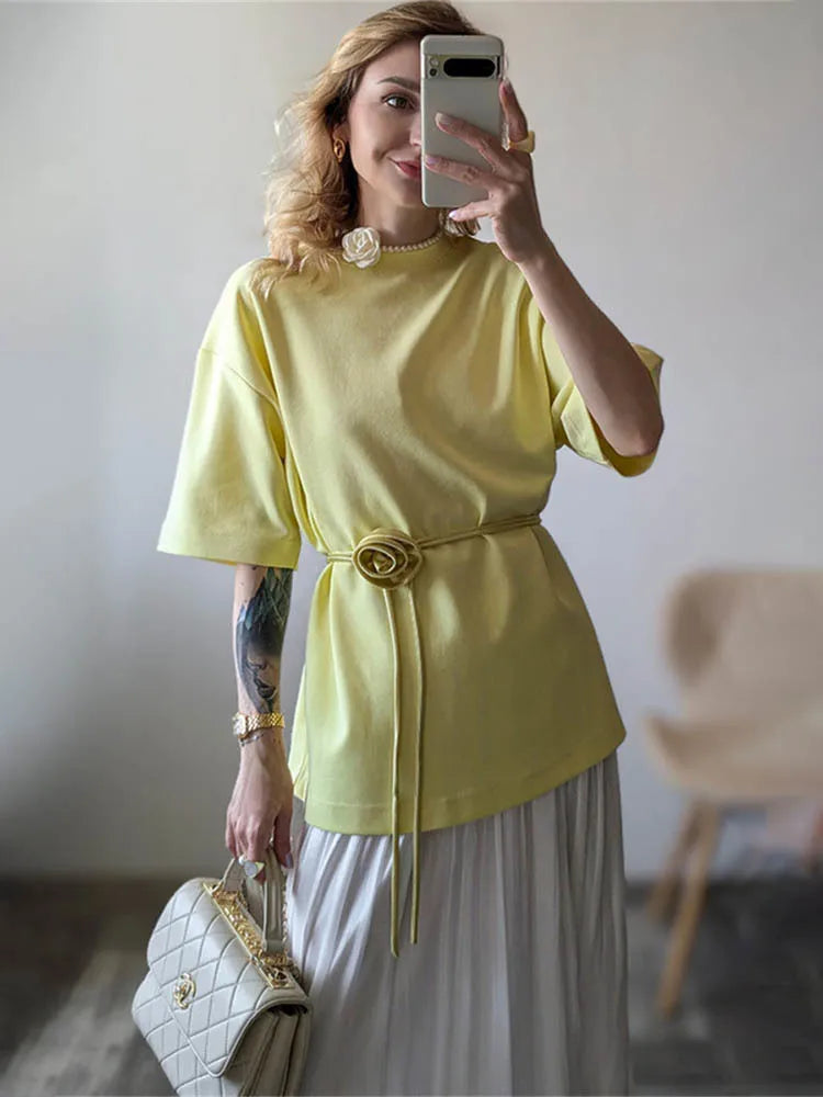 Lace-up Flower Short Sleeve T-shirt O