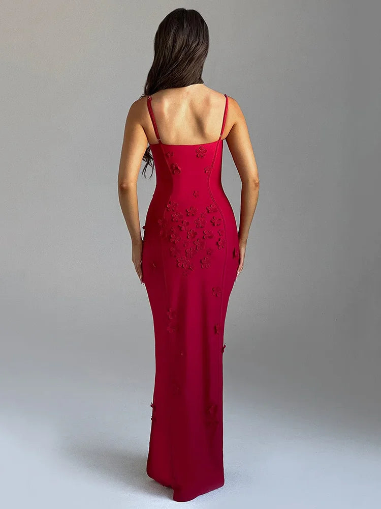 3D Flower Spaghetti Strap Maxi Dress