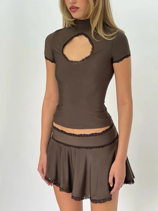 Brown Skirt Two Piece Sets Hollow