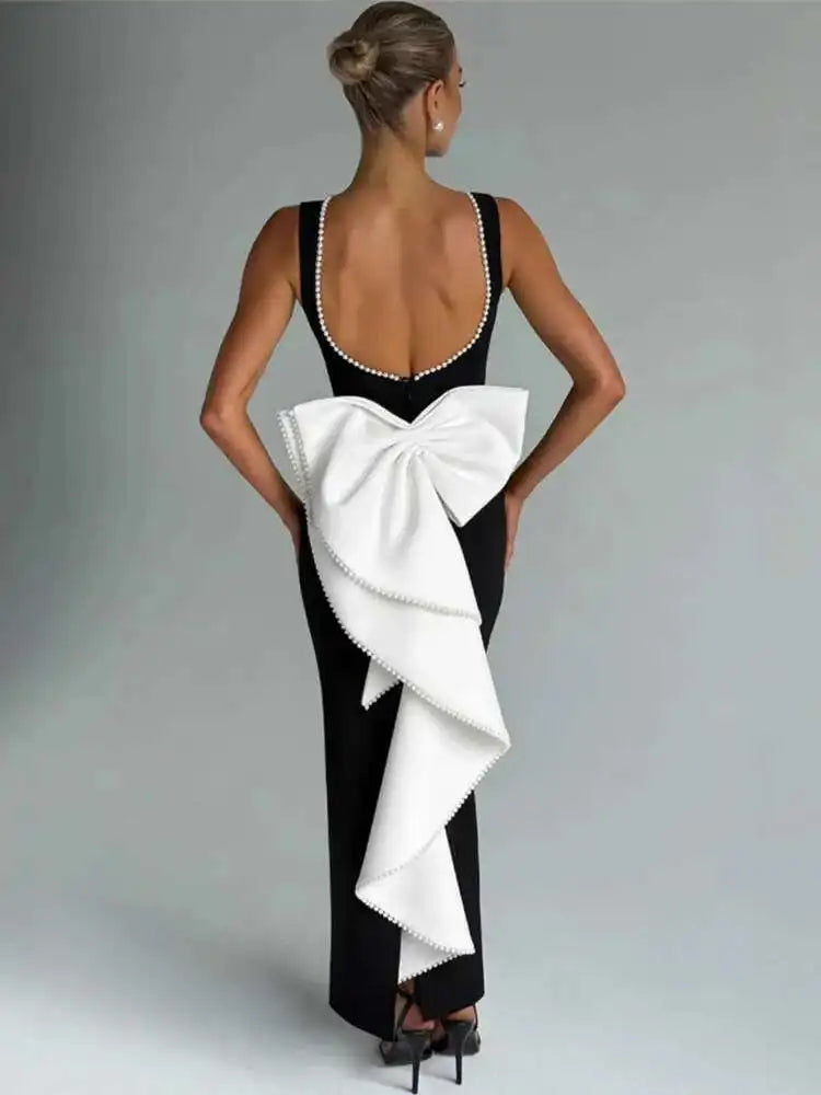 Pearl Bow Backless Maxi Dress Gown