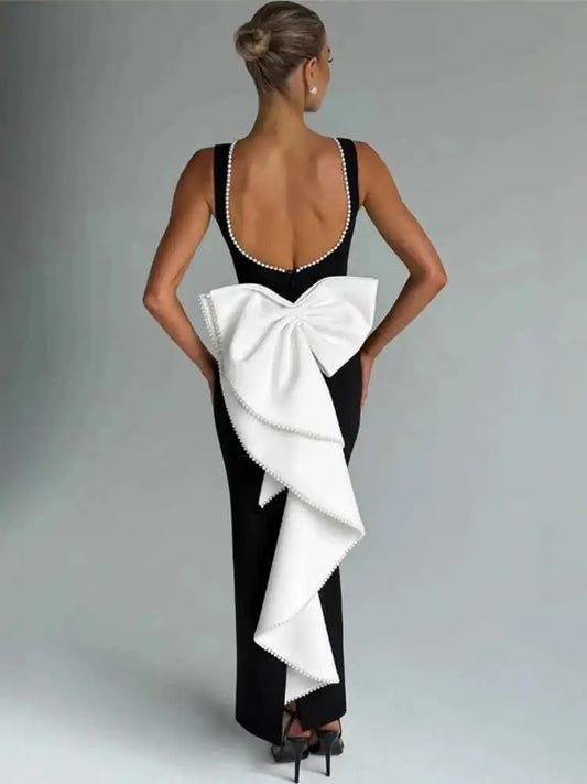 Pearl Bow Backless Maxi Dress Gown