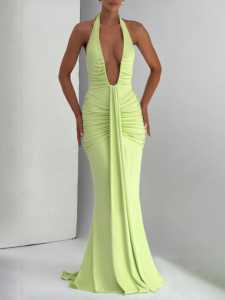Deep V Neck Backless Ruched Maxi