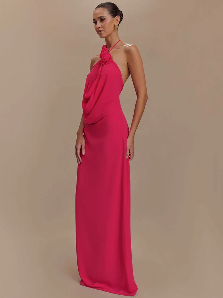 Rose Halter Off-shoulder Maxi Dress Red