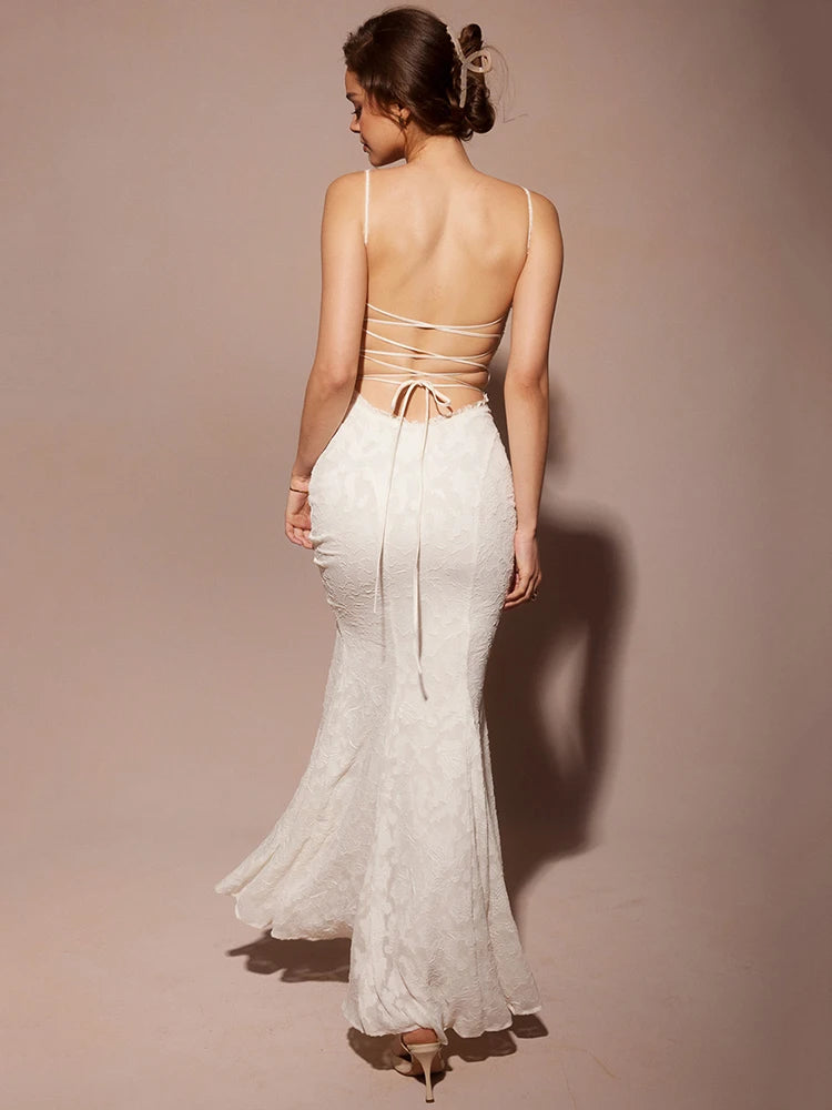 White Backless Lace-up Maxi Dress For