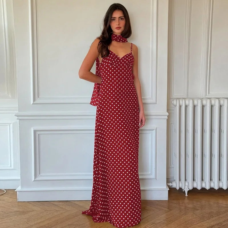 Polka Dot Halter Maxi Dress Spaghetti