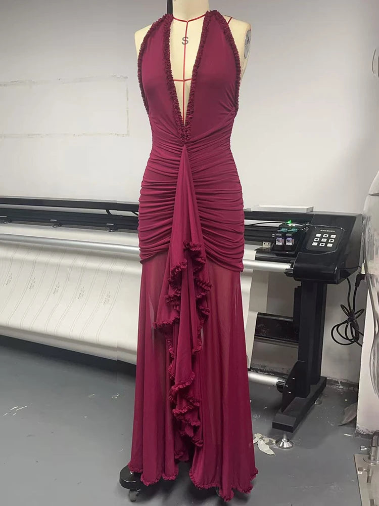 Halter Deep V Neck Maxi Dress