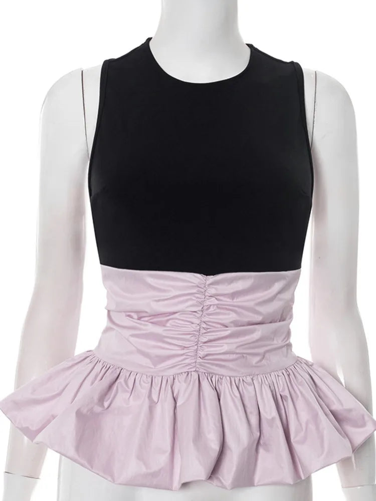 Sleeveless Ruffle Top Pullover Vest Patchwork