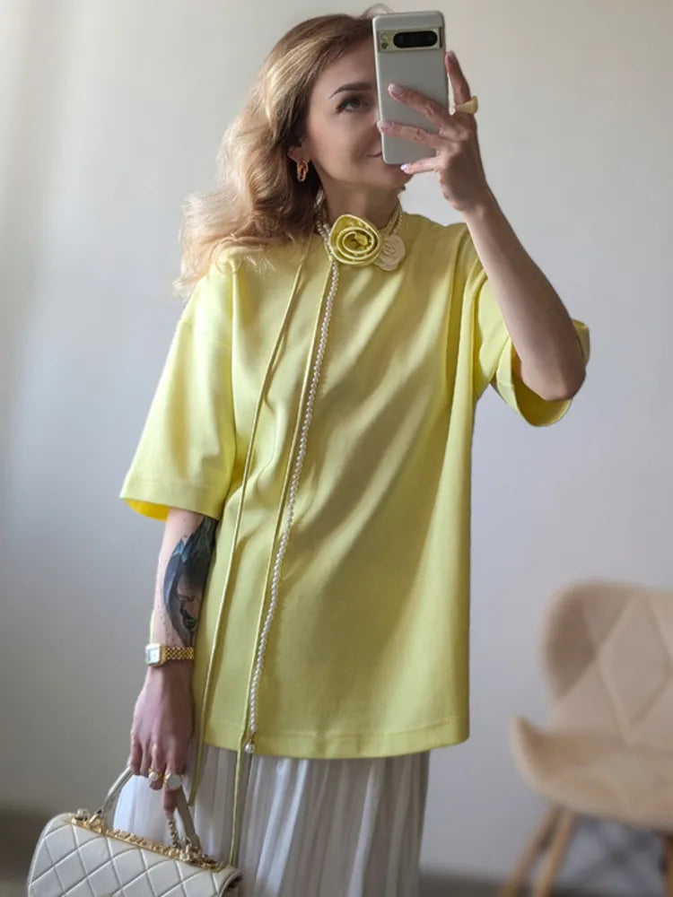 Lace-up Flower Short Sleeve T-shirt O