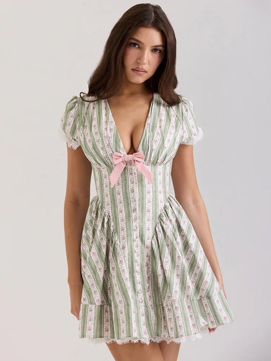 Puff Sleeve Print Mini Dress Bow