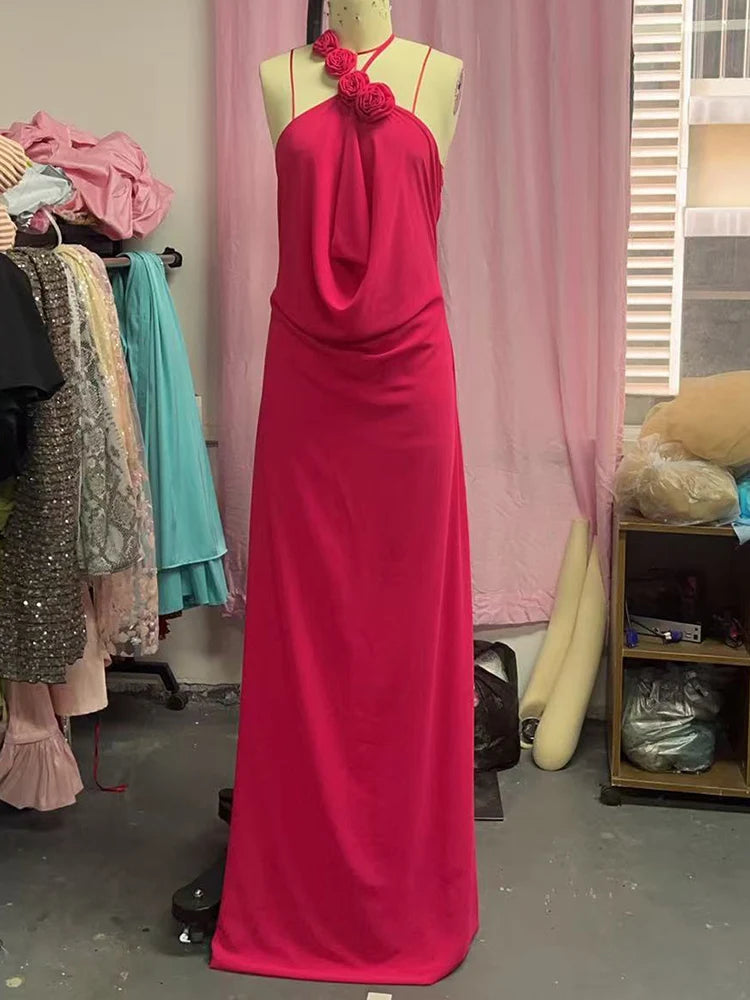 Rose Halter Off-shoulder Maxi Dress Red