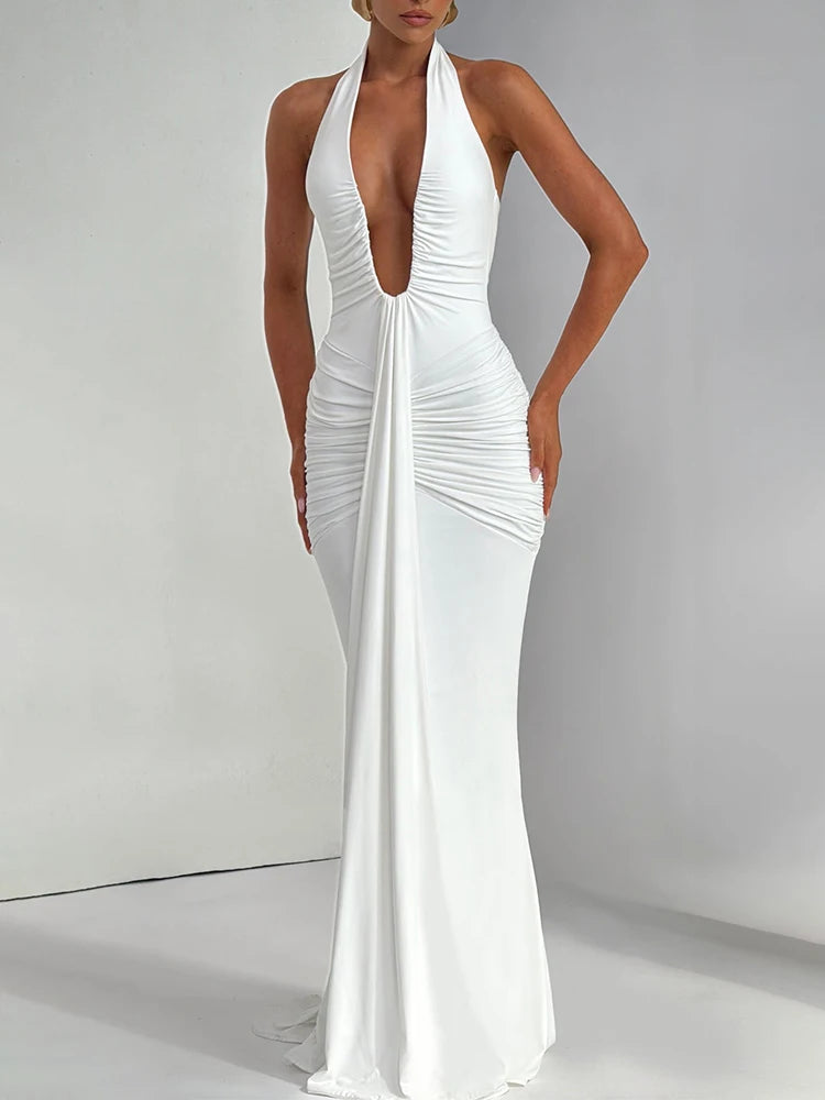 Deep V Neck Backless Ruched Maxi