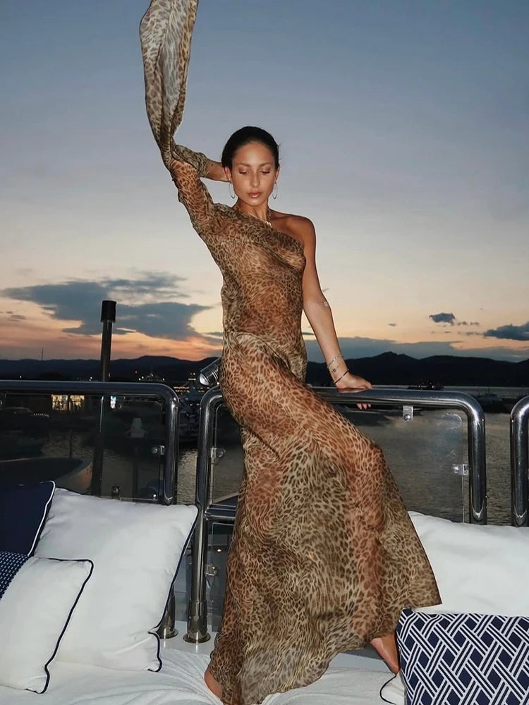 One Shoulder Leopard Print Maxi Dress