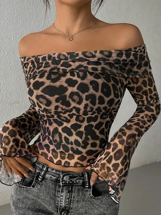 Leopard Print Long Sleeve T-shirt Off-shoulder