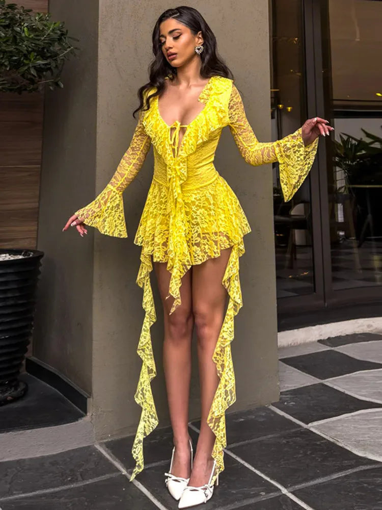 Lace Ruffled Mini Dress For Robe