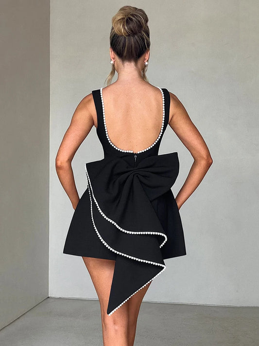Pearl Bow Backless Mini Dress For