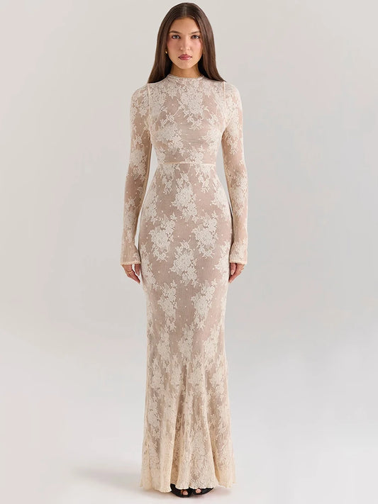 Lace Print Long Sleeve Maxi Dress