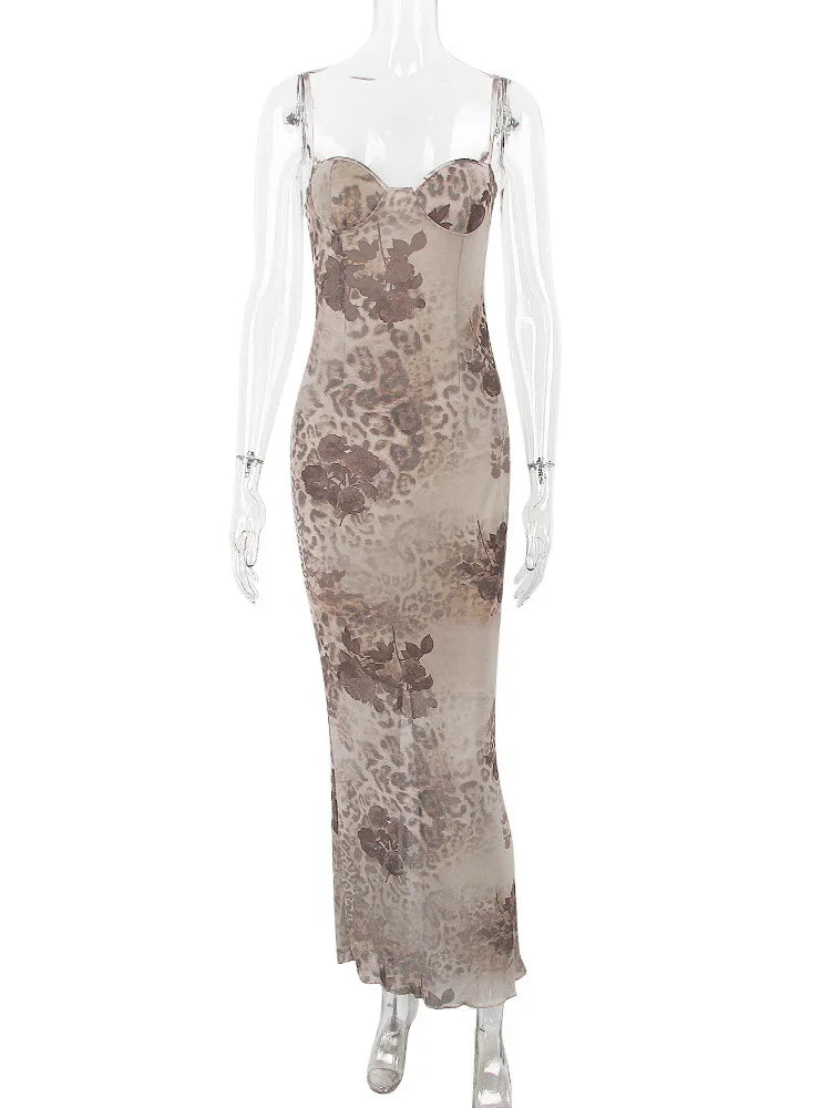 Mesh Floral Print Maxi Dress Spaghetti