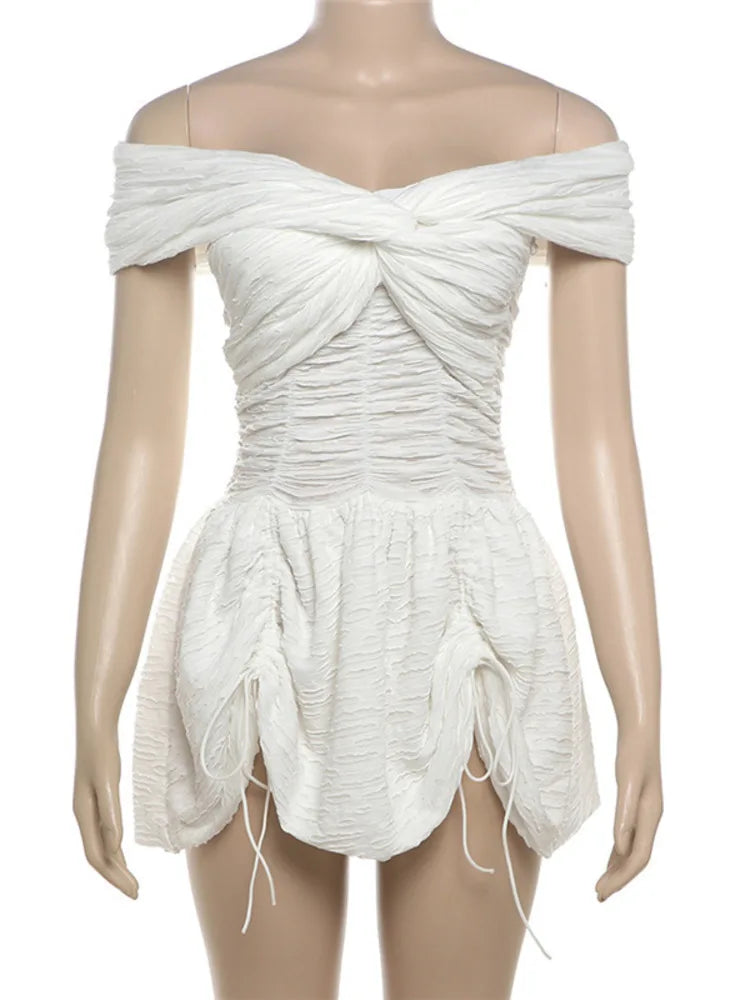 Off-shoulder Sleeveless Pleated A-line Mini Dress