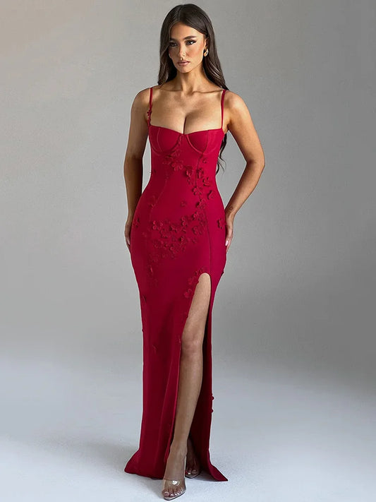 3D Flower Spaghetti Strap Maxi Dress