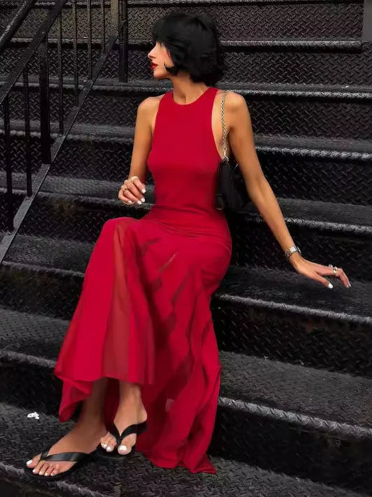 Red Sleeveless Knit Dress For Hollow