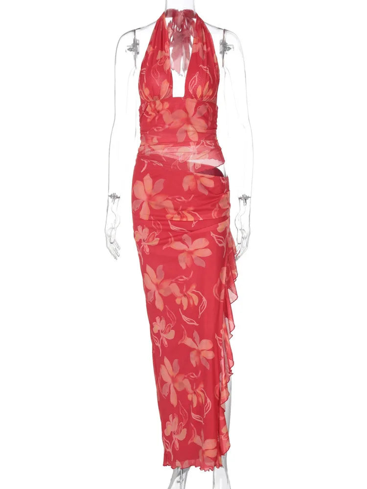 Halter Deep V Neck Ruffled Maxi