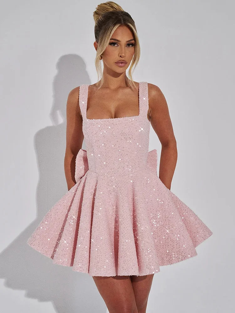 Sequins Bow Backless Mini Dress For