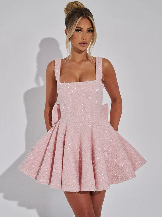 Sequins Bow Backless Mini Dress For