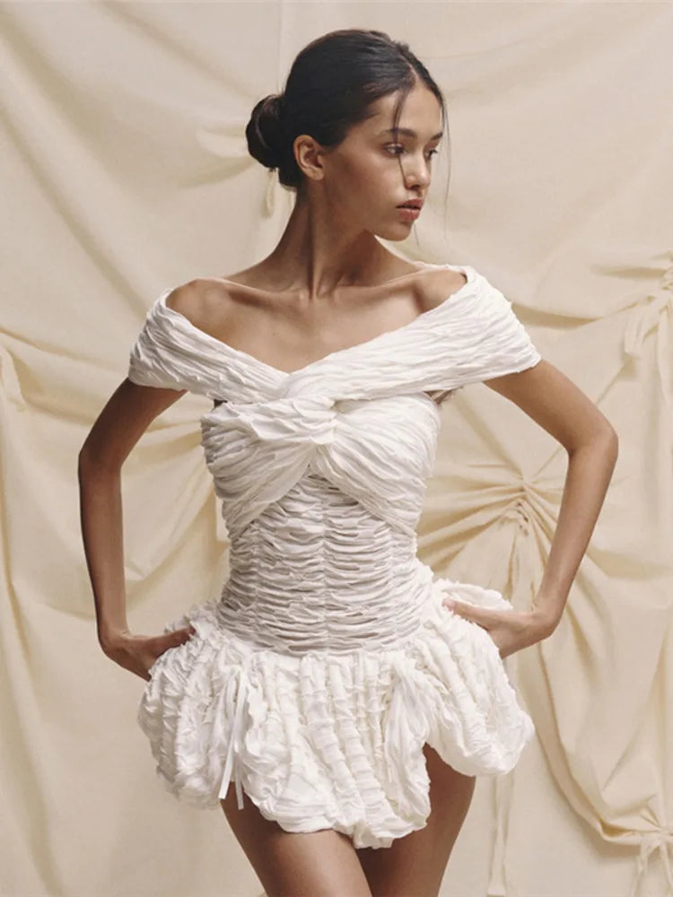 Off-shoulder Sleeveless Pleated A-line Mini Dress