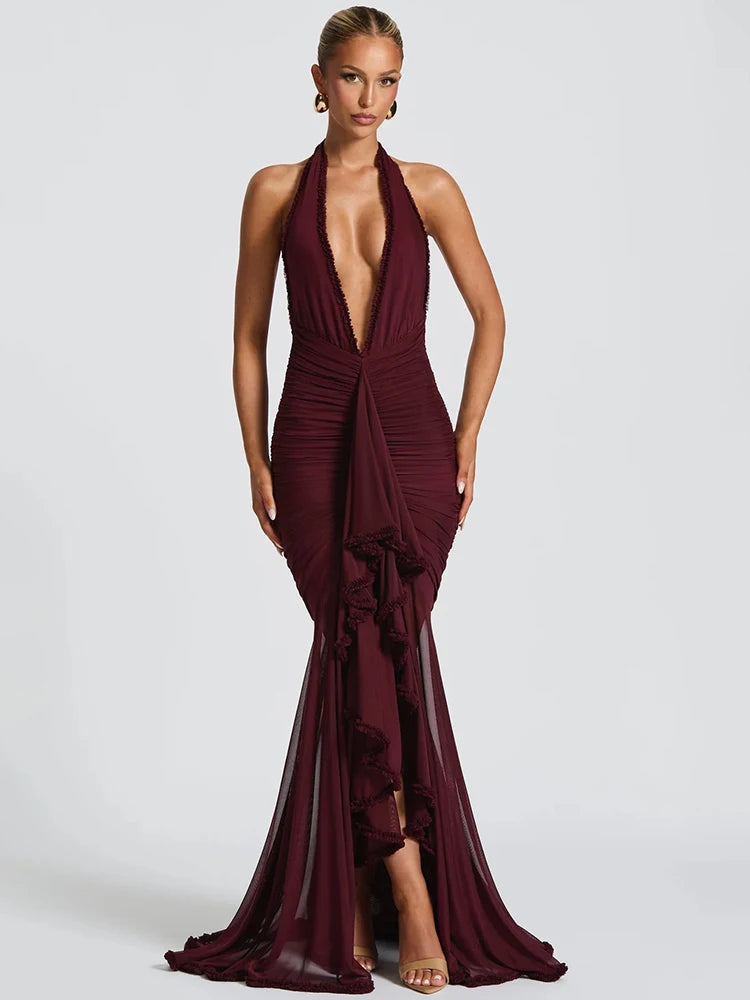 Halter Deep V Neck Maxi Dress