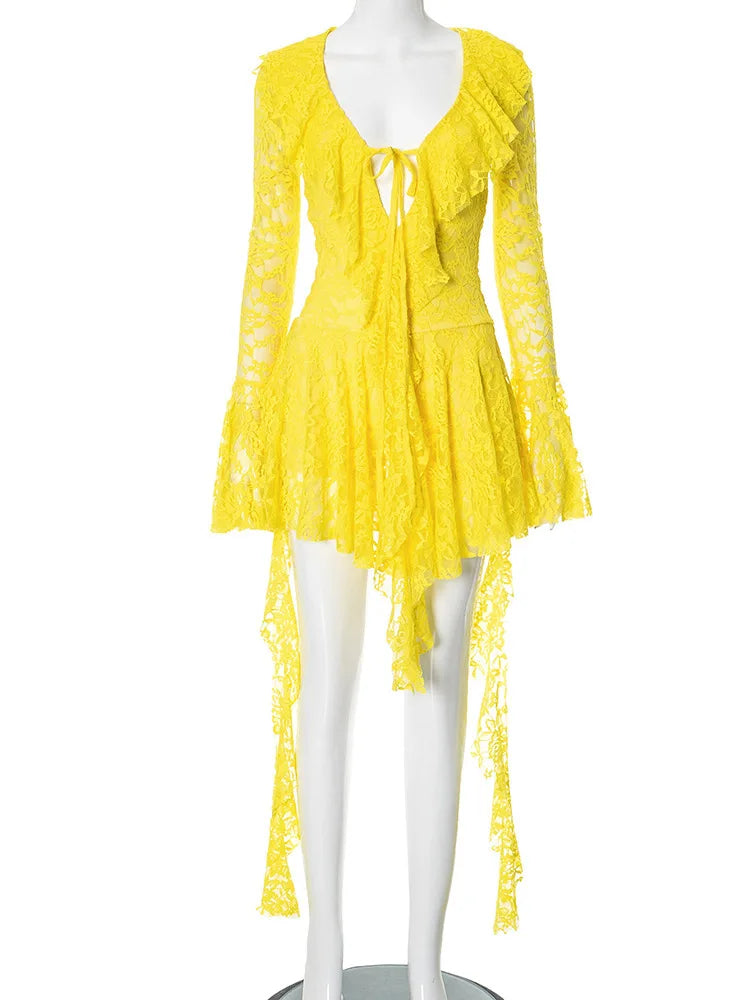 Lace Ruffled Mini Dress For Robe