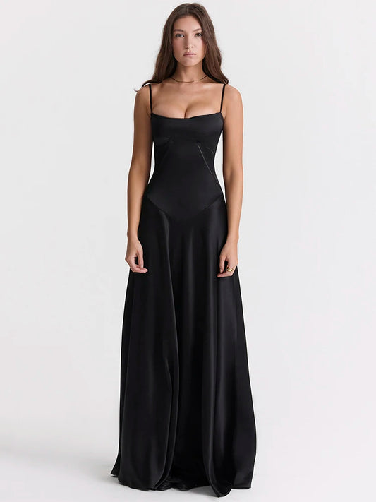 Lace-up Satin Maxi Slipdress Black Spaghetti
