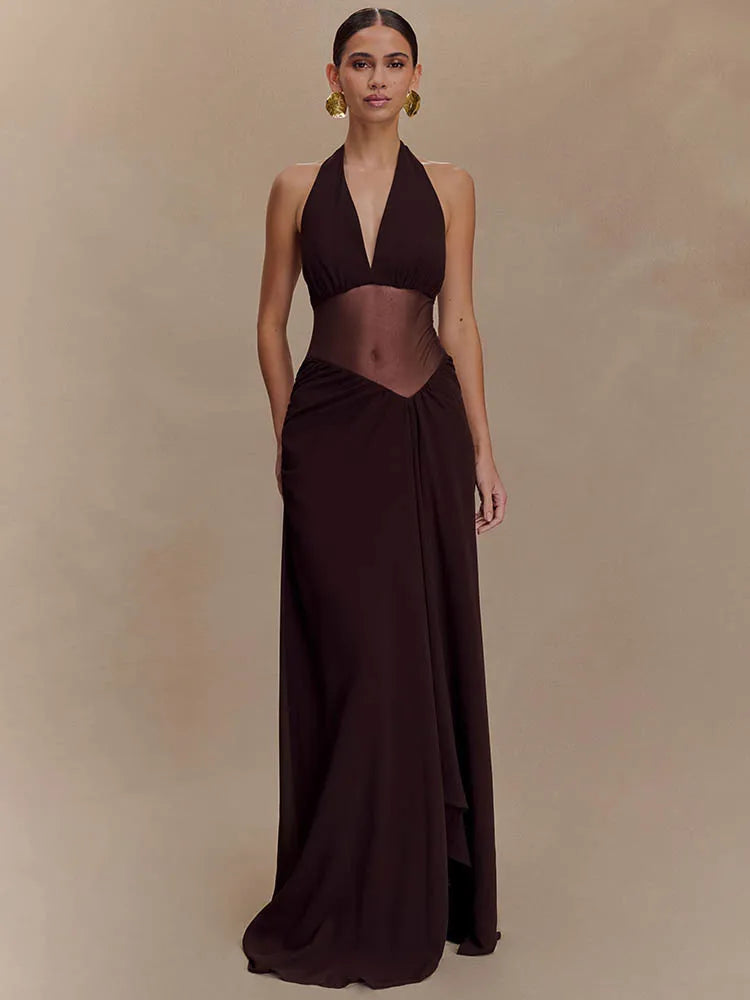 Halter V Neck Backless Maxi Dress