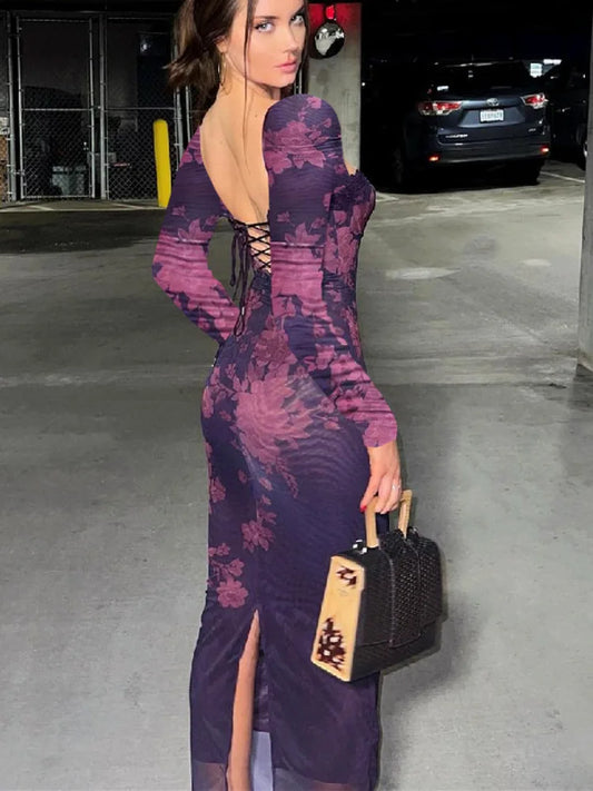 Backless Print Maxi Dress For Autumn
