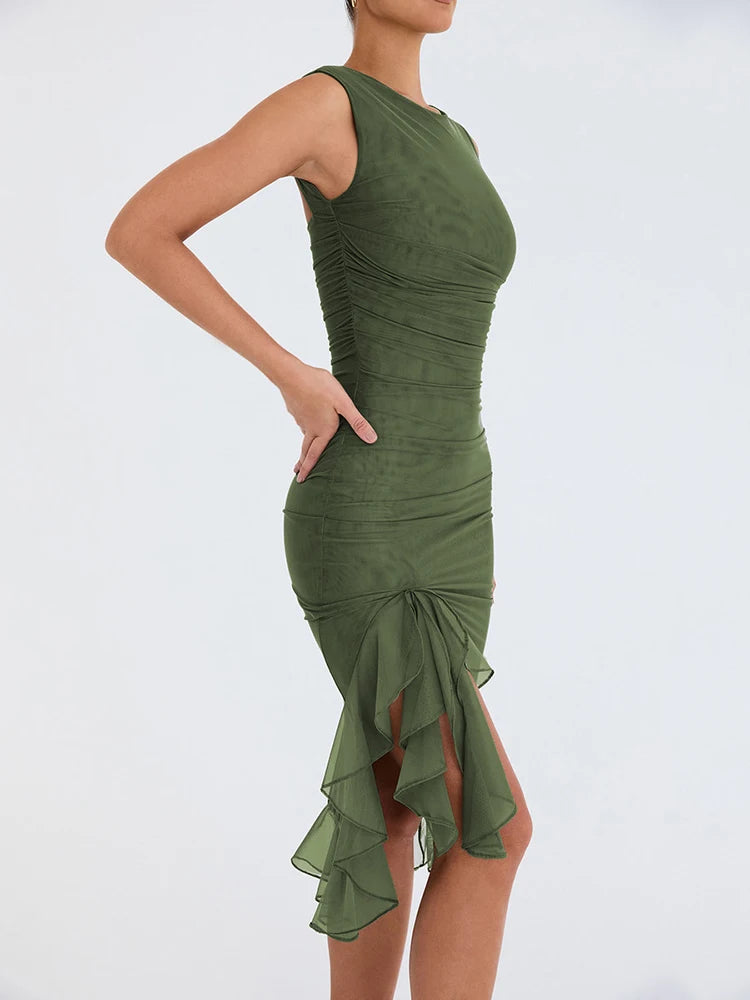 Ruffle Ruched Midi Dress For Robe
